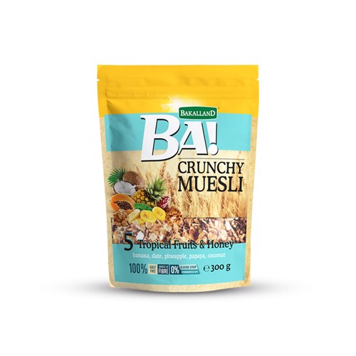 NGŨ CỐC MUESLI 5 LOẠI TRÁI CÂY NHIỆT ĐỚI VÀ MẬT ONG BAKALLAND 300G